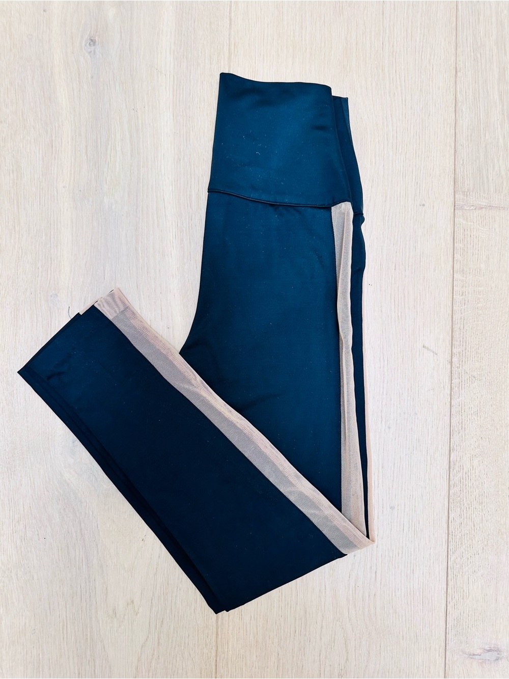 Norma Kamali Black Leggings with Beige Mesh Side Stripe